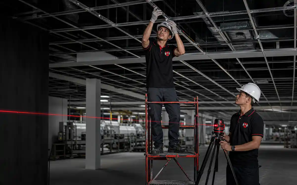 ทีมช่างเอเชียของสุพัตราฝ้าสปีดตรวจแนวโครงฝ้าเพดานภายในโรงงานด้วยเครื่องวัดระดับ