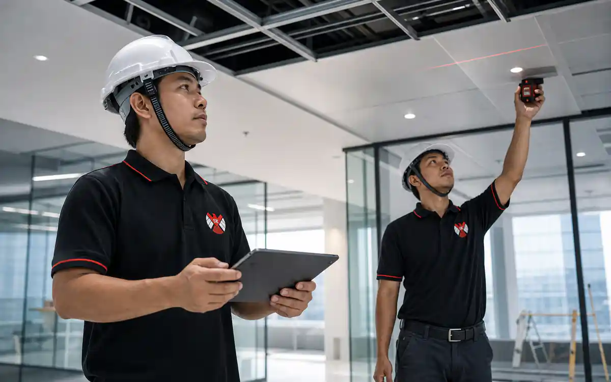 ทีมช่างเอเชียของสุพัตราฝ้าสปีดประสานแบบและตรวจระดับฝ้าเพดานในสำนักงานสมัยใหม่
